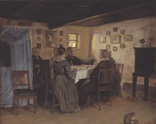 Konstnärens vänner och familj sitter runt ett bord. Vejby, Nordsjälland