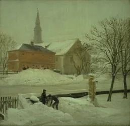 Utsikt från konstnärens bostad i Løweners gods på Christianshavn. Vinterdag med snö