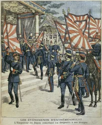 Hans kejserliga majestät Mutsuhito, kejsare av Japan, ger flaggorna till sina trupper, illustration från 