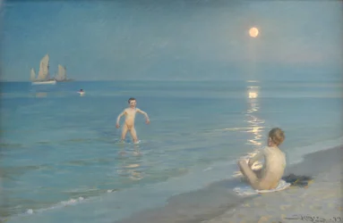 Pojkar badar på Skagen. Sommarkväll
