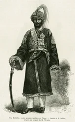 Jang Bahadur (1816-1877), Nepals premiärminister. Gravyr av P.Sellier för att illustrera berättelsen Voyage au Nepal, av Dr. Gustave Le Bon (1841-1931), i le tour du monde 1886, regisserad av Edouard Charton (1807-1890), Hachette, Paris.