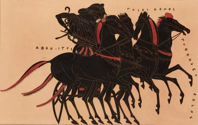 Tryck av dekorationen på en grekisk amfora, som visar Afrodite köra Poseidon i en vagn, c1858.