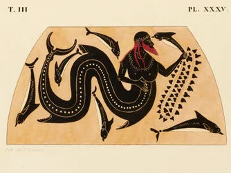 Tryck av dekorationen på en grekisk amfora, visar Poseidon ackompanjerad av delfiner, ca. 1858 (akvarell och kroppsfärg över litho på vävt papper)