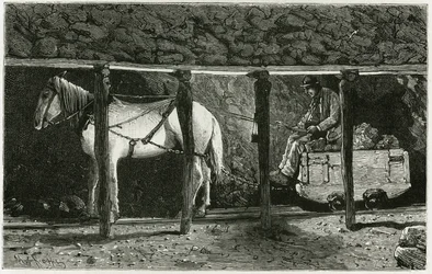 Interiör av ett galleri med berlaine. Gravyr av Ferat, för att illustrera berättelsen "" Belgien", av Camille Lemonnier (1844-1913) belgisk författare. Publicerad i Le Tour du monde, nouveau journal des voyages, 2:a terminen 1884, redigerad av Edouard Char