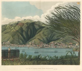 Utsikt över St. Thomas, tagen från Havensicht, 18 januari, litografi av Joseph Constantine Stadler (fl.1780-1812)