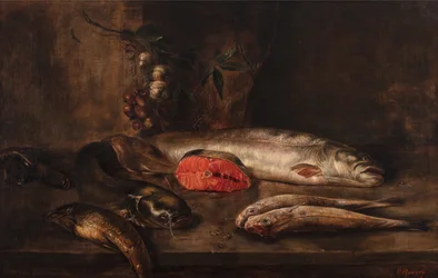 Ett stilleben av fisk med karp, havskatt, lax, mulle, ål och tunga på en bordsskiva med hängande vitlök och schalottenlök, död fisk, ca 1775-1800 (olja på duk)