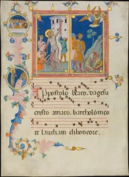 Manuskriptblad med Saint Bartholomews martyrskap, från en Laudario, ca. 1340.