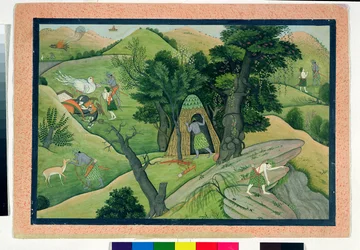 74.73 Rama och Lakshmana vandrar på jakt efter Sita, från Ramayana, Kangra, Himachal Pradesh, 1780