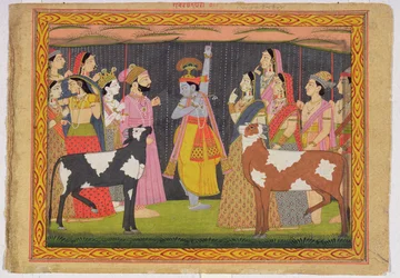 Krishna lyfter berget Govardhana, från Bhagavata purana, Kulu, Himachal Pradesh, 1749