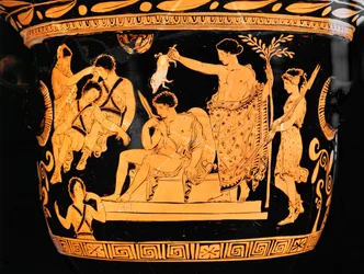 Rödfigurerad klockkrater från Apulien: Apollo renar Orestes med blodet från en spädgris ...