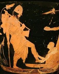 Sköterskan Euriklea tvättar Odysseus fötter efter hans återkomst...