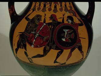 Attic svartfigur amfora dekorerad med en scen av Herakles klädd i ett lejonskinn som slåss mot Cycnus, c.540 f.Kr. (keramik)