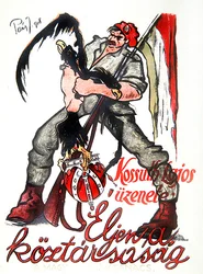 Ungersk revolutionär som stryper den dubbelhövdade österrikisk-ungerska örnen och proklamerar Kossuths proklamation "Länge leve republiken", affisch för Budapestkommunen