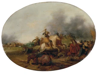 En kavalleristrid med en fallen häst, 1637