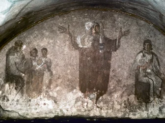 TIDIG KRISTEN KONST: Catacombe di St. Priscilla. Velatas kubibel, slutet av 300-talet (fresker)