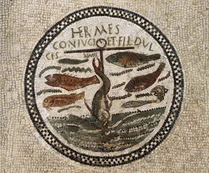 Mosaik med ankare omgivet av fiskar, symbol för Kristus och hans följare, katakomberna i Sousse, Tunisien, tidig kristen tid, 300-talet