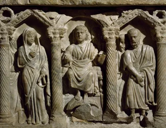 Tidigkristen sarkofag, även känd som den salige Giles sarkofag, marmor, San Bernardinos oratorium, Perugia, Umbrien, detalj, Italien, 300-talet