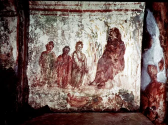 Paleochretisk konst (period i det antika Rom): Moses räddar från Nilens vatten av Faraos dotter. Fresk av katakomben på Via Latina i Rom. 4:e århundradet. - Tidig kristen konst. Moses räddade ur vattnet. Fresk, 300-talet e.Kr. Catacom