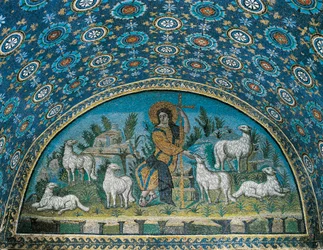 Den gode herden, mosaik i lunetten över ingångsdörren till Galla Placidias mausoleum, ca 425