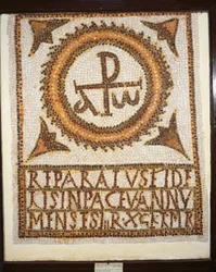 Tunisien, Uppenna-mosaiken, mosaiskt verk som visar en grav med epitafium: alfa och omega (början och slutet)