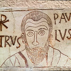 Framställning av den helige Paulus. Tidigkristen graffito från Aquileia i Italien, 1:a århundradet e.Kr. Aquileia, Nationella tidigkristna museet