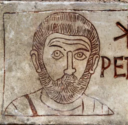 Framställning av Sankt Petrus. Tidigkristen graffito från Aquileia. 1:a århundradet e.Kr. Aquileia, Museo Nazionale Paleocristiano