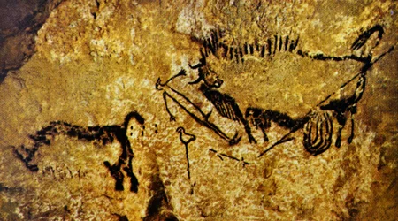 Sårad bisonoxe, sårad man och ullhårig noshörning, Lascaux (grottmålning)