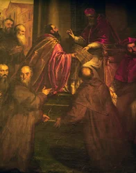 Paul IV levererar det påvliga brevet om grundandet av korsfästorden (Crociferi)