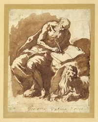 St. Hieronymus sitter på en sten och skriver (penna och bläck med tvätt på papper)