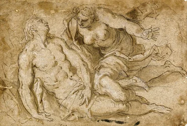 Venus upptäcker den döda Adonis (svart krita, penna och brunt bläck på papper)