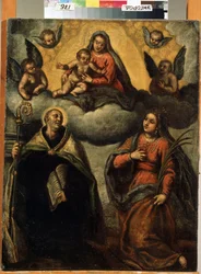 Jungfru och barn med heliga. Målning av Jacopo Palma il Giovane (The Young