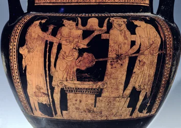 Attic röd figur krater, detalj, dekorerad med en scen av Vulcans smedja, 500-talet f.Kr. (keramik)
