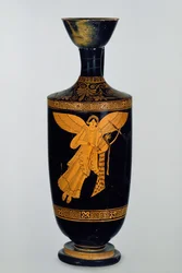 Attic röd-figur lekythos dekorerad med en bevingad figur av Nike, hittad på Gela, c.490-80BC (keramik)