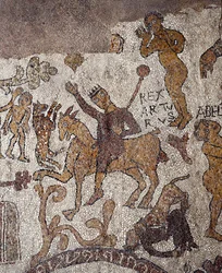 Framställning av kung Arthur och Perceval. Mosaik av Pantaleone, präst och mosaikkonstnär. 1163-1166. Mittskeppet i katedralen i Otranto (Otranto), Italien