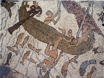 Profeten Jonas är en jet till havet detalj. Mosaik av Pantaleone, präst och mosaik. 1163-1166. Centralskeppet i katedralen i Otranto (Otranto), Italien