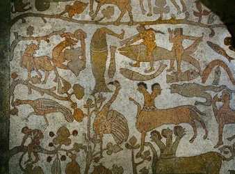 Indiens djur ovanför bilden av Indiens erövrare Alexander den store, från mosaikgolvet i katedralen i Otranto (mosaik)