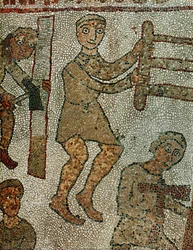 Snickare med såg, en annan med yxa. Mosaik (mosaik)