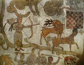 Gudinnan Diana dödar en hjort; från mosaikgolvet i katedralen i Otranto, södra Italien (mosaik)