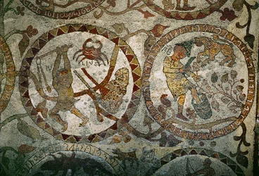 Zodiakens tecken från mosaikgolvet i (mosaik)