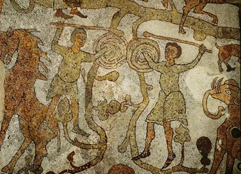 Två krigare i strid. Mosaikgolv i katedralen i (mosaik)