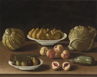 Stilleben med päron, persikor, fikon, en melon, kål och märg