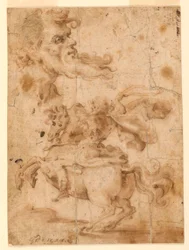 Teckning, Huvudet av en skäggig man, en man till häst, ca 1650