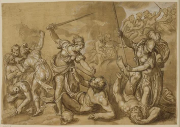 Justice, Mercury och Minerva besegrar lasterna medan en grupp gudinnor tittar på från molnen