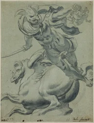 Perseus håller Medusas huvud, med Pegasus i bakgrunden