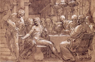 Sankt Gregorius måltid, teckning av Paolo Farinati (1524-1606), gråbrun akvarell, penna, blyvitt och svart blyerts, Italien