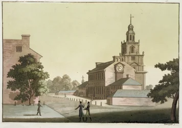 Independence Hall, Philadelphia, Pennsylvania, från "Le Costume Ancien et Moderne", volym I, platta 41, av Jules Ferrario, publicerad på 1820-30-talet (färggravyr).