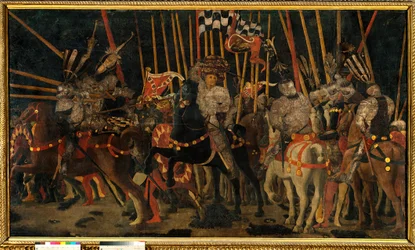 Slaget vid San Romano mellan florentinerna och Sienese den 02/06/1432 (motattacken mot Micheletto da Cotignola). Målning av Paolo di Dono dit Uccello (1397-1475) 1456 sön. 1,8x3,2 m Paris, Louvren.