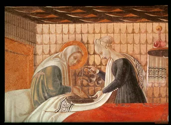 Jungfruns födelse, detalj om St. Anne och en skötare, 1440 fresk se även 85549