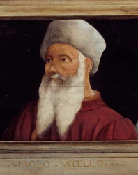 Cassone med fem porträtt av mästaren från den florentinska renässansen med porträttet av Paolo di Dono (1397-1475) som heter Paolo Uccello. Inskriften nedan är troligen successiv. Musee du Louvre, Paris - Cassone-panel med fem porträtt o