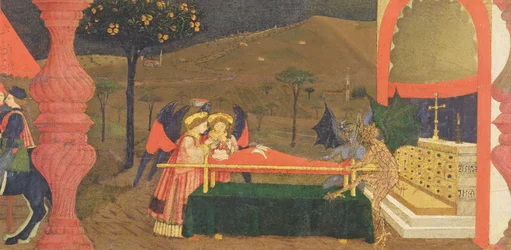 Predella över skändandet av hostian: den judiske pantlånarens kropp bevakad av änglar och djävlar, ca 1468 (detalj)